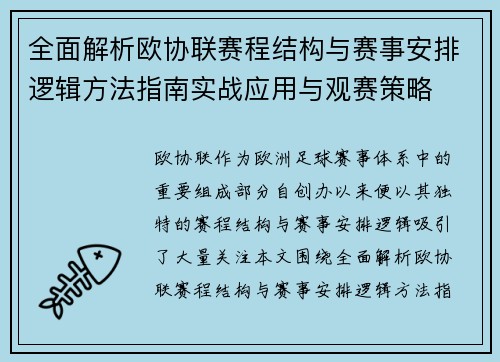 全面解析欧协联赛程结构与赛事安排逻辑方法指南实战应用与观赛策略