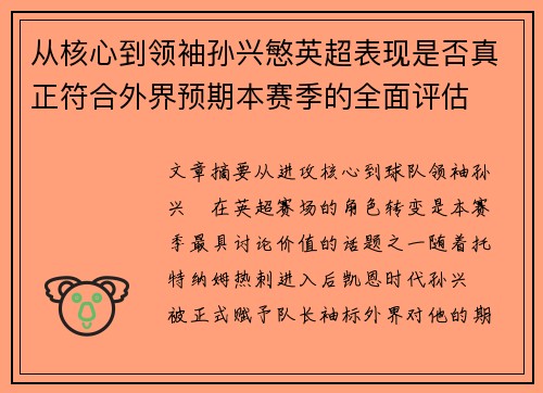从核心到领袖孙兴慜英超表现是否真正符合外界预期本赛季的全面评估